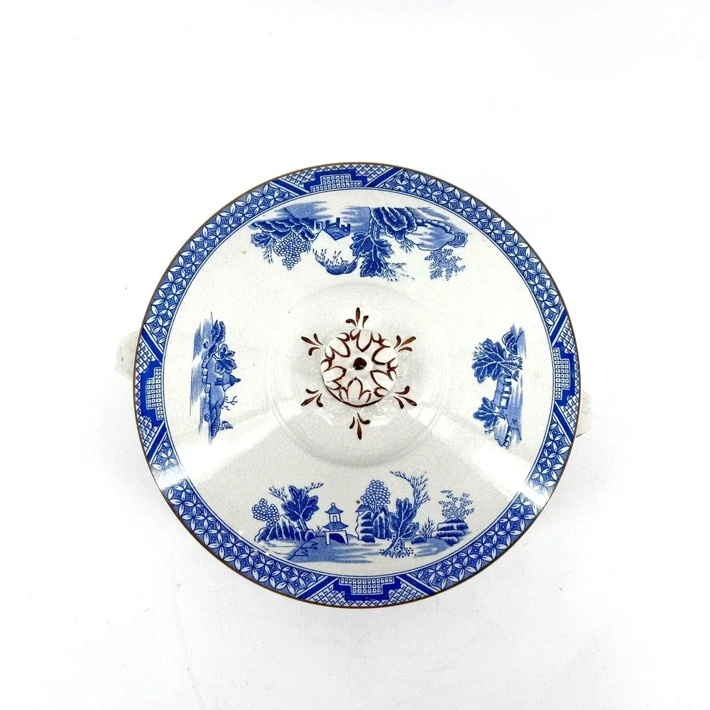 Booths Silicon China Blue Willow Tureen Serving Bowl England Pagoda Pattern